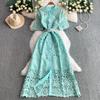High-end temperament water-soluble lace stand-up collar short-sleeved dress women's summer new single-breasted waist and thin skirt