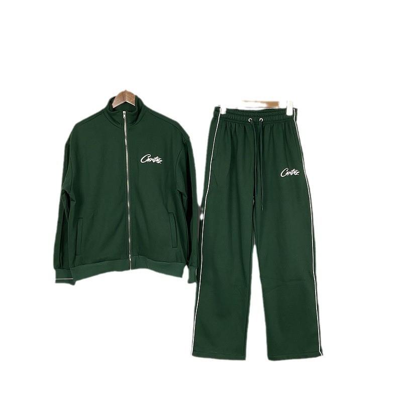 Mens Casual Hoodless Letter Print Zip-Up Jacket Set With Fleece Lining Loose Fit Outfit