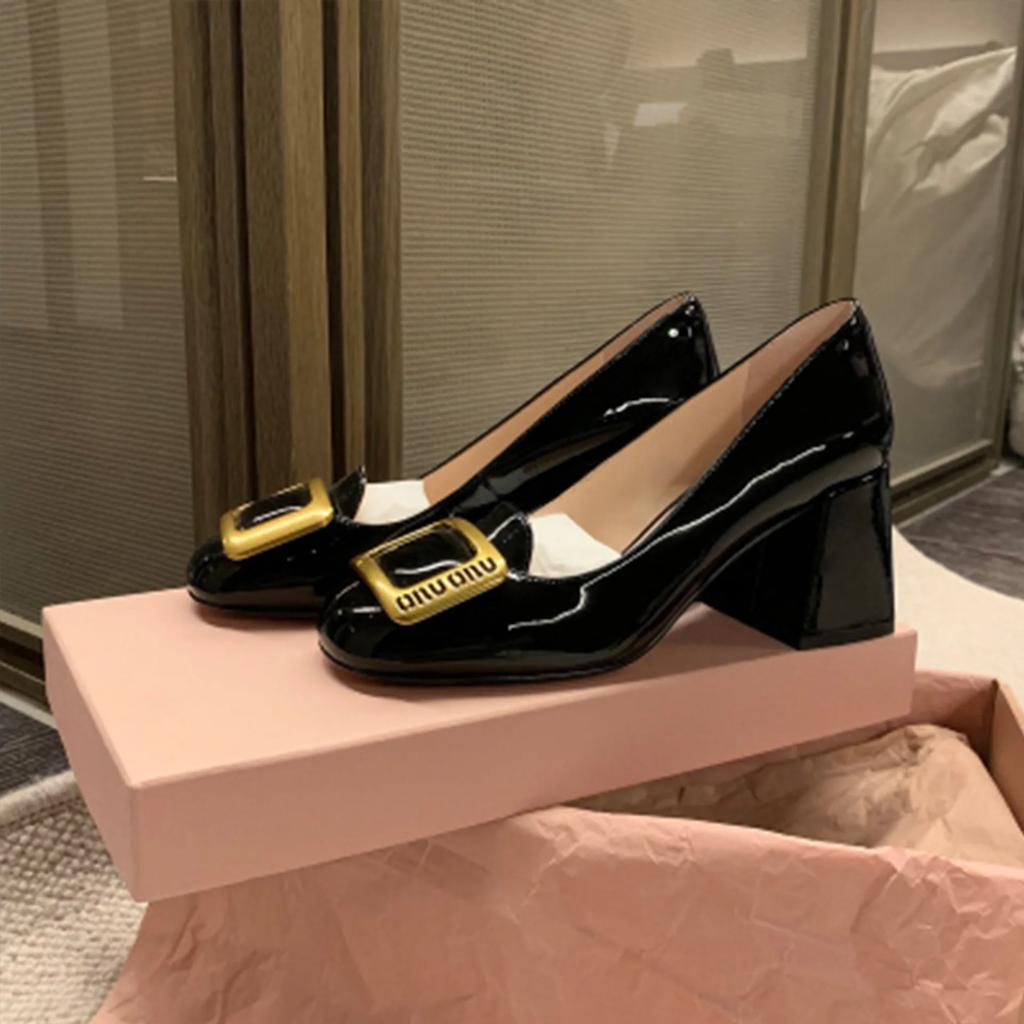 Fashion Women's Heel Shoes 2025 New Spring French Round Head Square Buckle Shallow Mouth Thick Medium High Heel Shoes Women