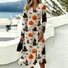 Women's Halloween Print V-Neck Long Sleeve Casual Dress with Pockets