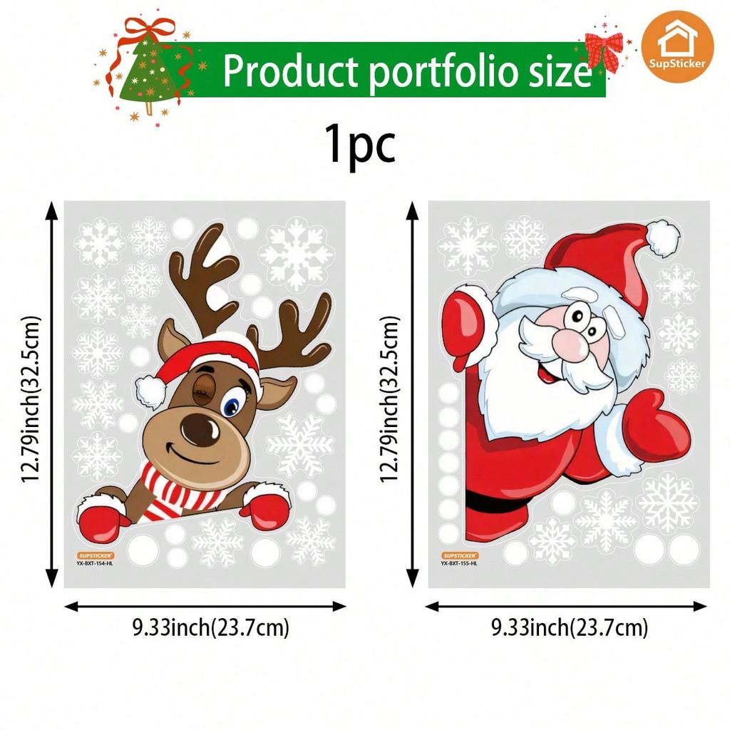 1/2pcs Christmas Elements Cute Cartoon Reindeer & Santa Claus Home Decor Stickers, Self-Adhesive PVC Decals For Living Room, Bedroom, Kitchen Bathroom