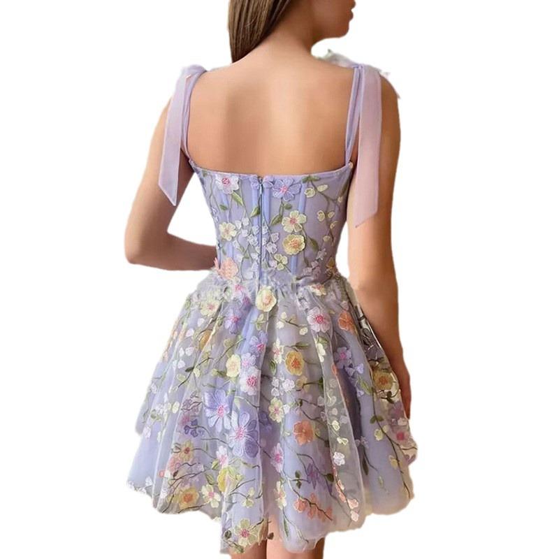 Direct sales European and American women's clothing fashion three-dimensional flower embroidery hip-wrapped sexy suspender dress