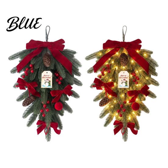 Holiday Wreath with Red Berries Christmas Teardrop Swag LED Lights Artificial PE Pine Hanging Decoration Lighted Door Bow Pinecones for Front