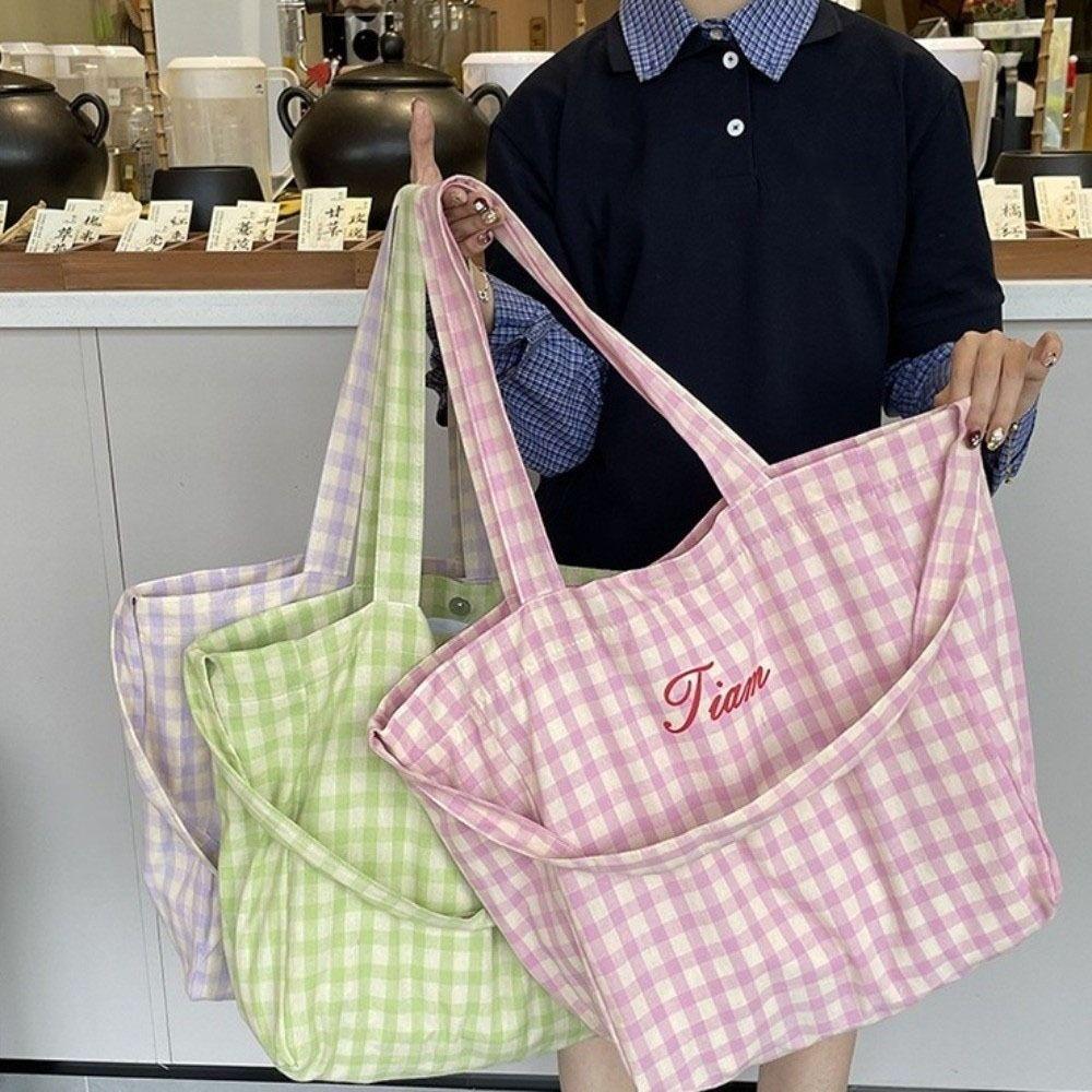 Candy Color Plaid Shoulder Bag Letter Large Capacity Crossbody Bag Simple Canvas Tote Bag  Girls