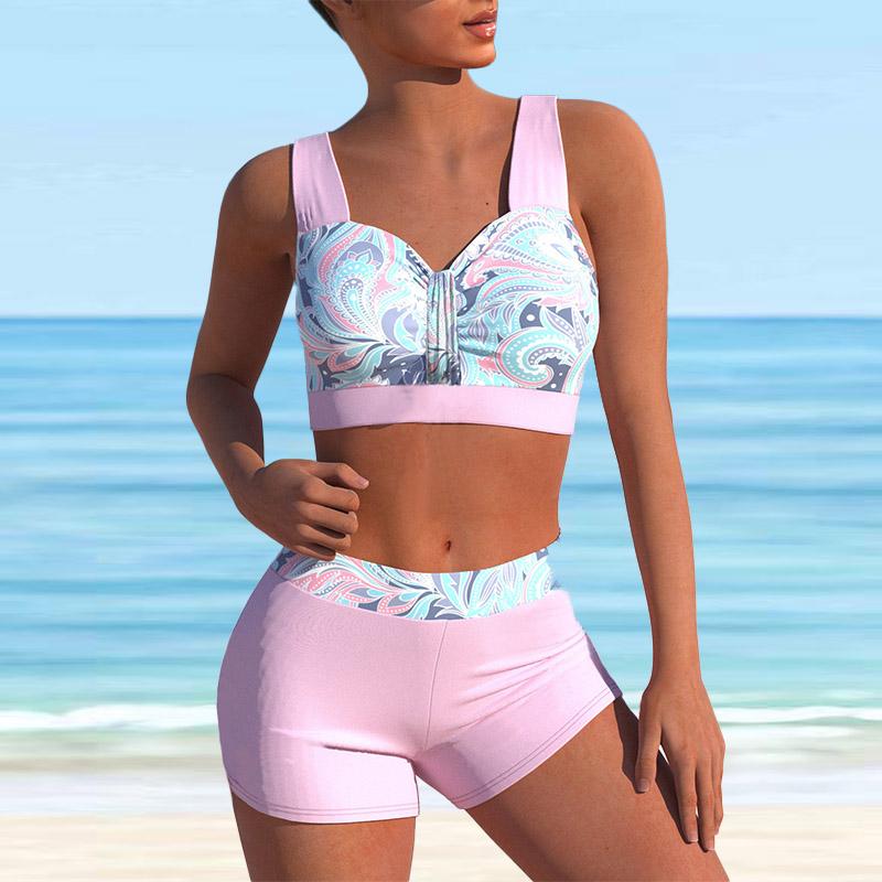 Women's Halter Diamond Pattern Print Bikini Tankini Swimsuit