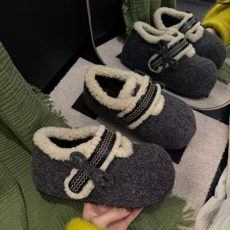 Bow thick-soled inner heightening Birkenstocks cotton shoes new velvet warm outer wear fluffy Mary Jane shoes