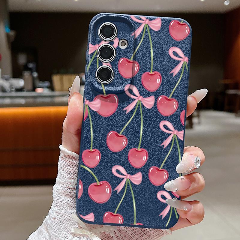 Crystal Cherry Fruits Bowknots Case For Samsung Galaxy A57 A37 A17 A56 A36 A26 A16 A55 A35 A25 A15 A54 5G S21 FE S22 S23 S24 Plus S25 Edge S26 Ultra