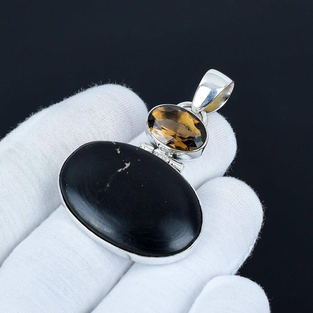 Black Obsidian & Smoky Topaz Gemstone Pendant, 925 Sterling Silver Jewelry, Silver Pendant, Antique Jewelry, Necklace Pendant For Love Gifts