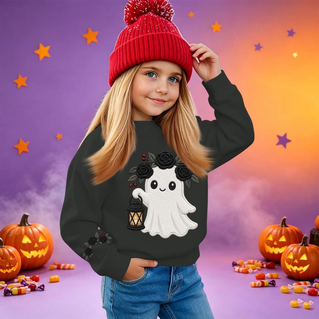 Kids' casual long-sleeved sweatshirt with Halloween print, suitable for holiday parties and everyday wear.