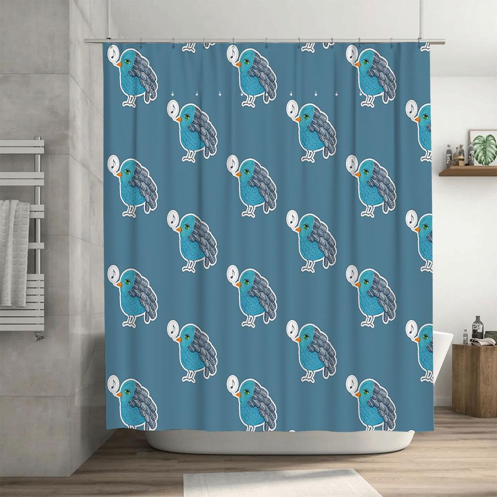 Bathroom Shower Curtain Set Waterproof Farmhouse Coastal Blue Birds Pattern Decor Vintage Home Decor