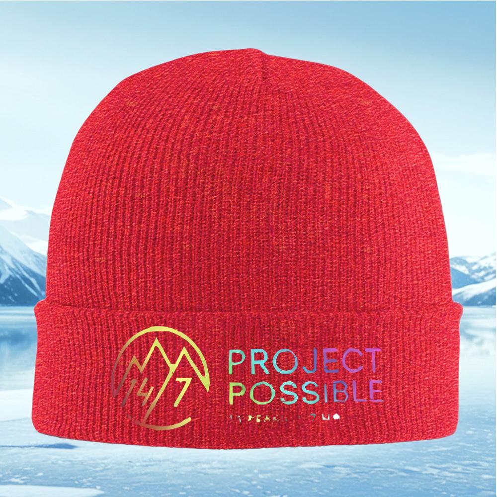 Logo s horským symbolem a text projektu possible Pánská Dámská Unisex Pletená Čepice Čepice Beanie Zimní Termo Teplá Chris