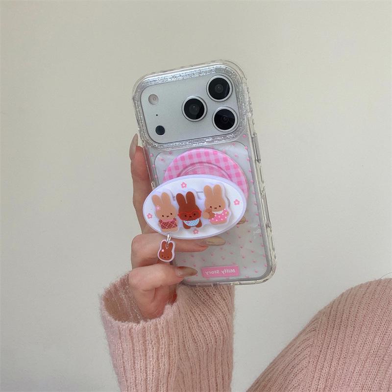 Polka Dot Plaid Rabbit Magnetic Stand Case for iPhone 17/16 Pro Max/15 Pro
