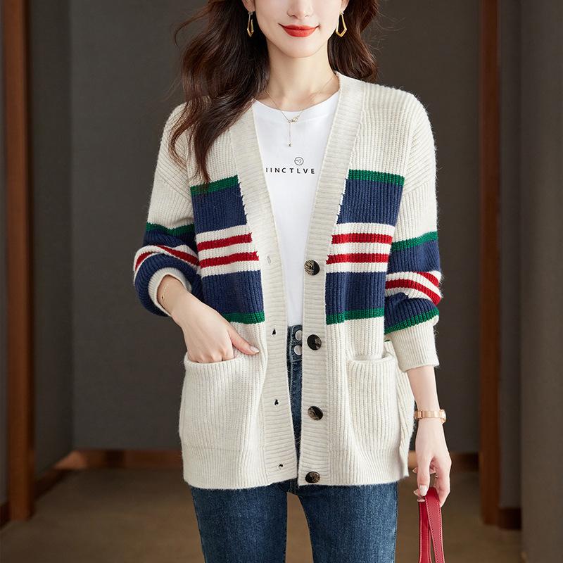 

Трикотаж с цветными блоками, свободный вязаный кардиган большого размера, куртка, осенний женский свитер One Size бежевый