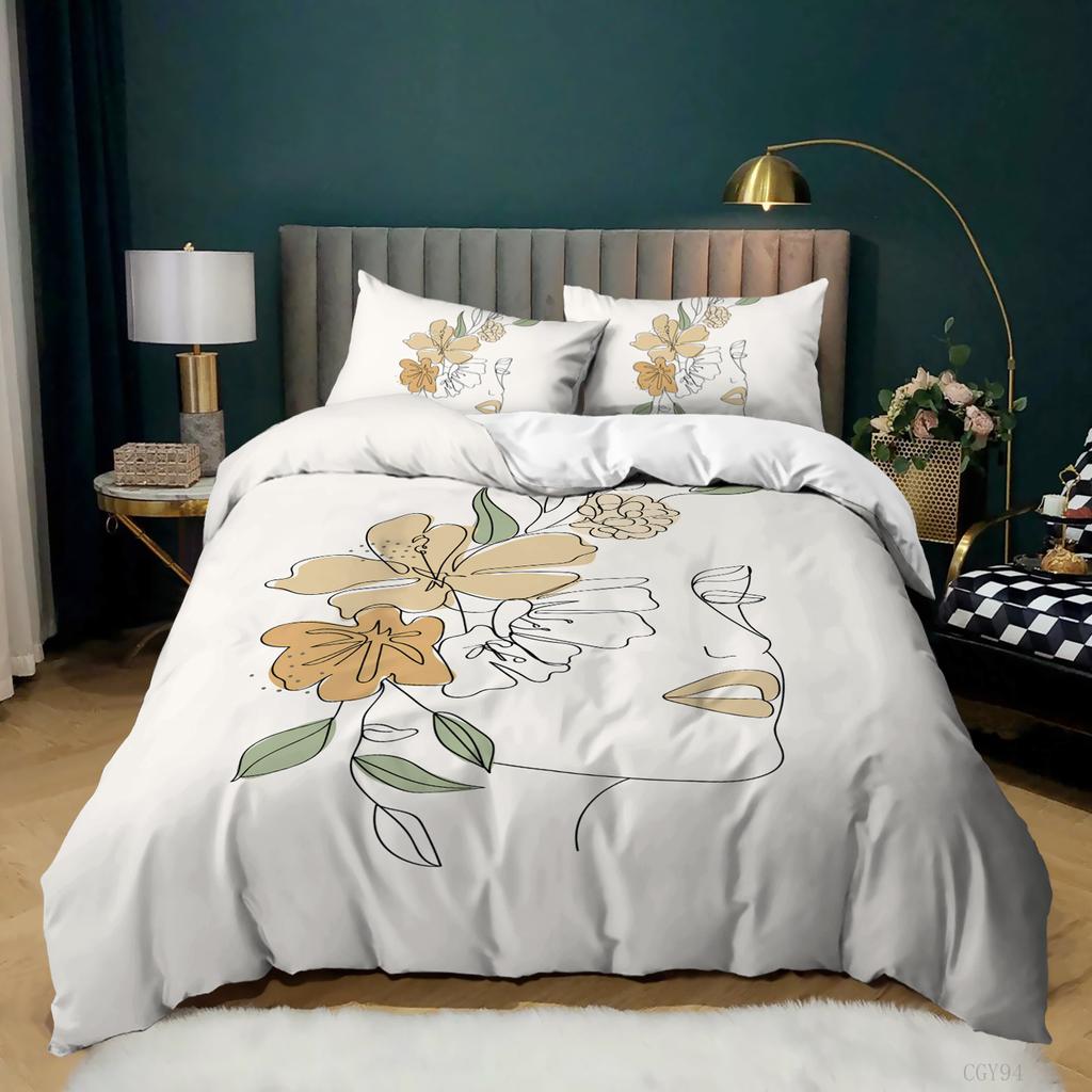 Simple Strokes Duvet Cover Set Queen Size Portrait Pattern Woman With Roses Bedding Set Polyester Abstract Style Comforter Cover