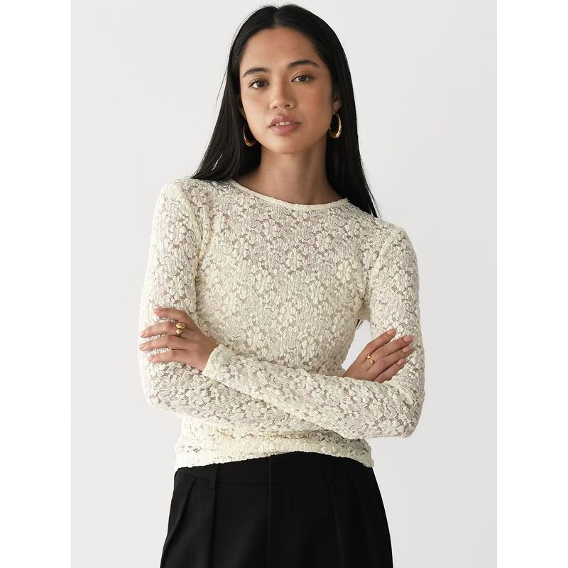 

Fashion Wind Fashion Sexy Lace Cutout Long Sleeves Tops Sexy Lace Hollowed out T-shirt Creamy-white Crewneck One size