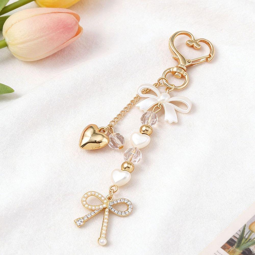 DIY Rhinestone Pendant Zinc Zinc Alloy Bag Charm Trendy Pearl Bow Keychain  Bag Ornament