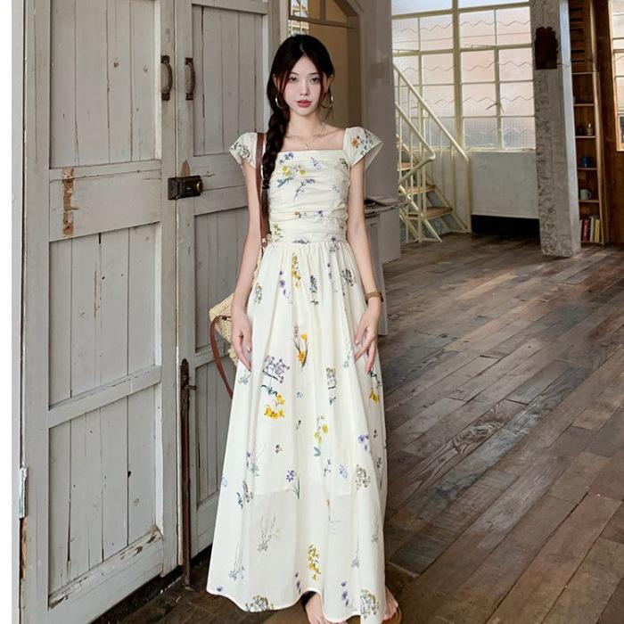 French square collar small flying sleeve floral dress children s summer new waist backless temperament a word long dress S
