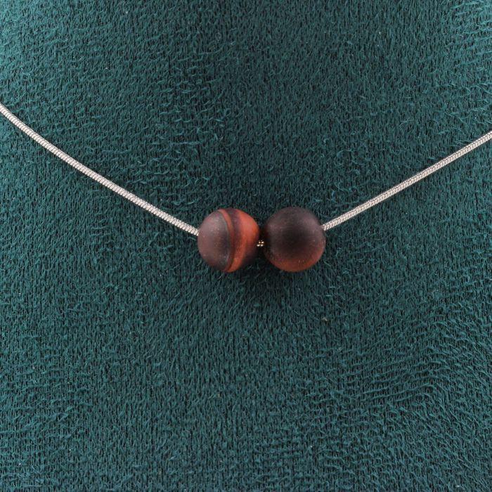 Pierres et Minéraux. Collier 2 perles Oeil de Tigre rouge mat 8 mm. Chaine en acier Collier femmes, hommes. Taille personnalisable.
