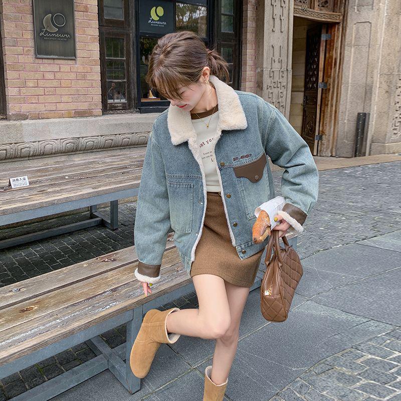2025 Women's Winter Short Denim Jacket with Velvet and Lambswool