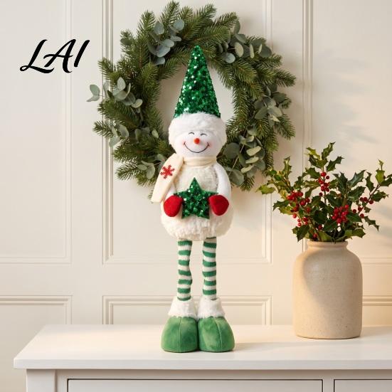 Holiday Standing Snowman Doll Christmas Plush Sequins Hat Legs with Extendable Holding Star Decorative Dolls