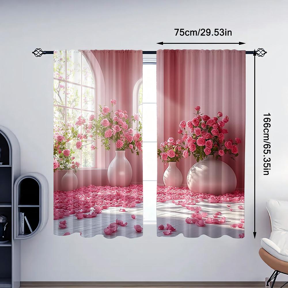 2pc    Window Drapes Pink Flowers and Plants Versatile Polyester Fabric  Without Electricity Family Party Decoration Use for