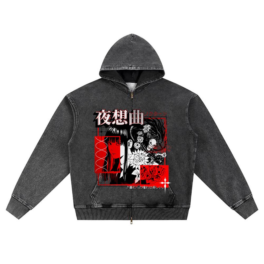 

DTG print Knitted Denim Zip-Up Hoodie Nocturne Japanese Anime Brother Print Zipper Hoodies S