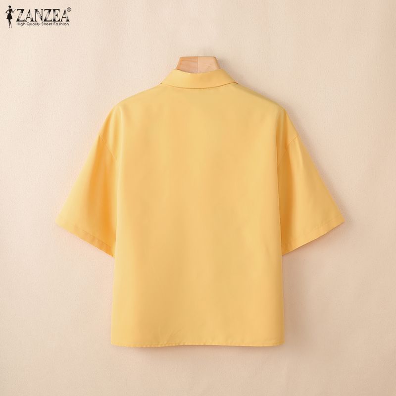 ZANZEA Blusa Casual de Mujer con Cuello Vuelto, Manga Corta Suelta y Estampado
