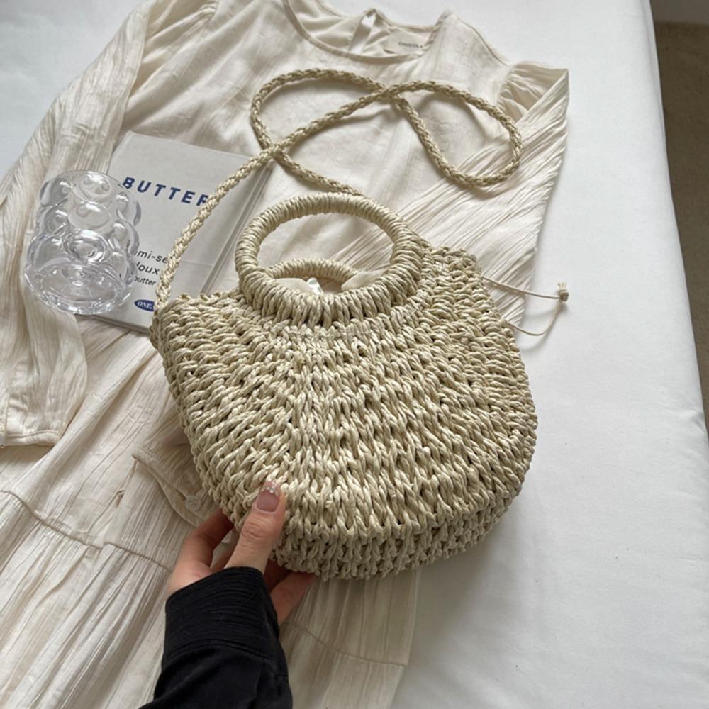 Moon Shaped Woven Underarm Bag Ribbon Knitted Shoulder Bag Fashion Beach Straw Bag  Travel