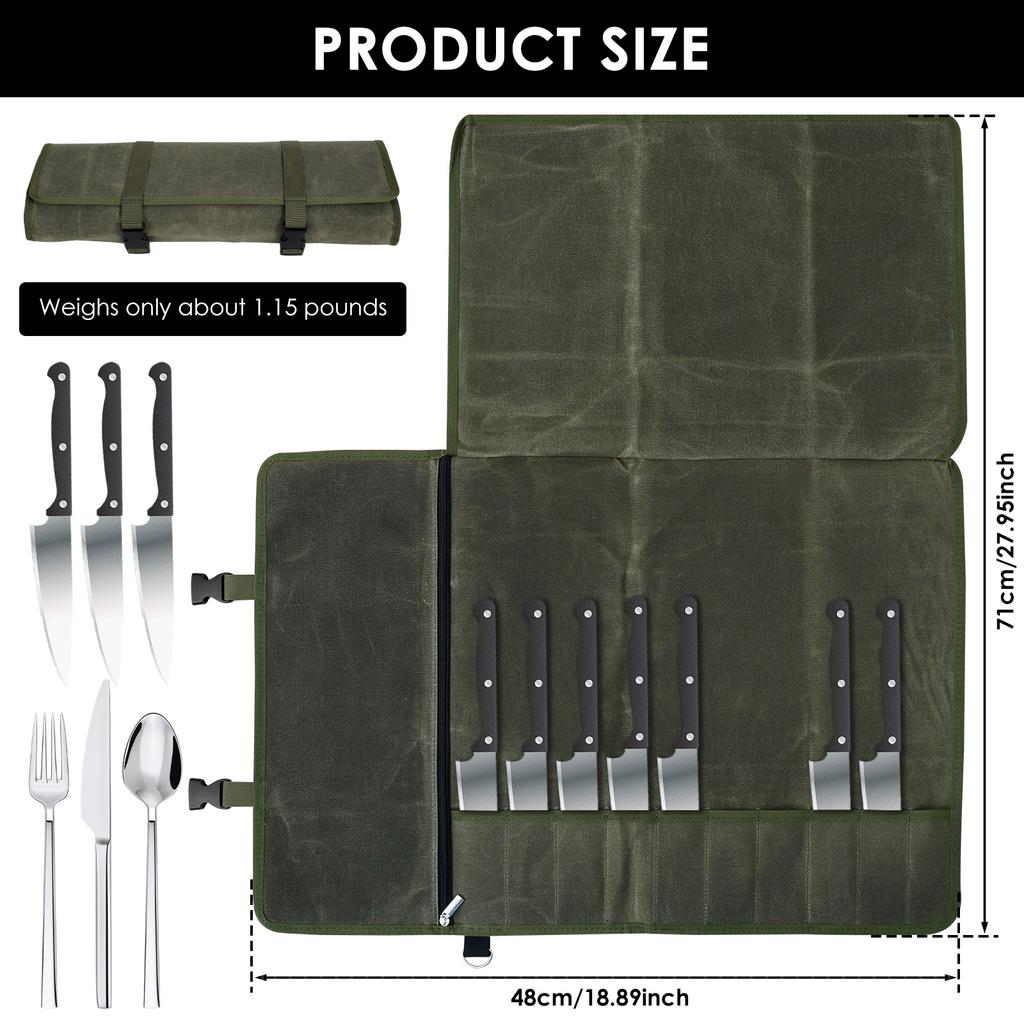 Taška na nože s 10 sloty, voděodolná plátěná taška na kuchařské nože se zipovou kapsou, přenosné odolné úložné kapsy na řezné nástroje