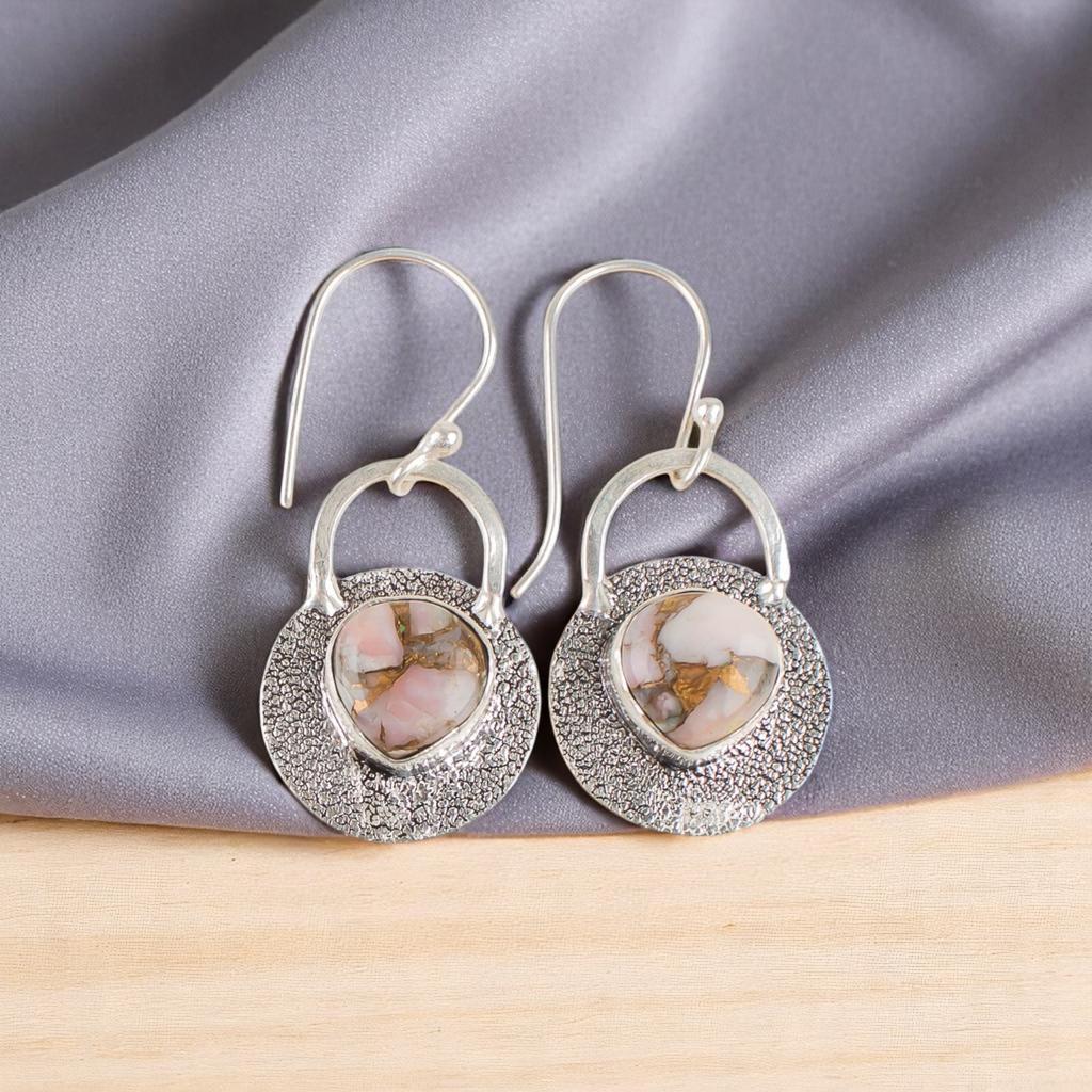 Różowy Turkus Miedziany Kamień Szlachetny Srebro Próby 925 Kolczyki Haczyki 1,30" EE-63-36