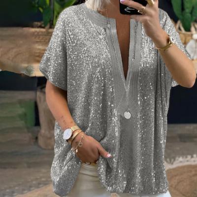 T-shirt Sequins Loose Female Women Short Sleeve Oversize Blouse for Daily Life
