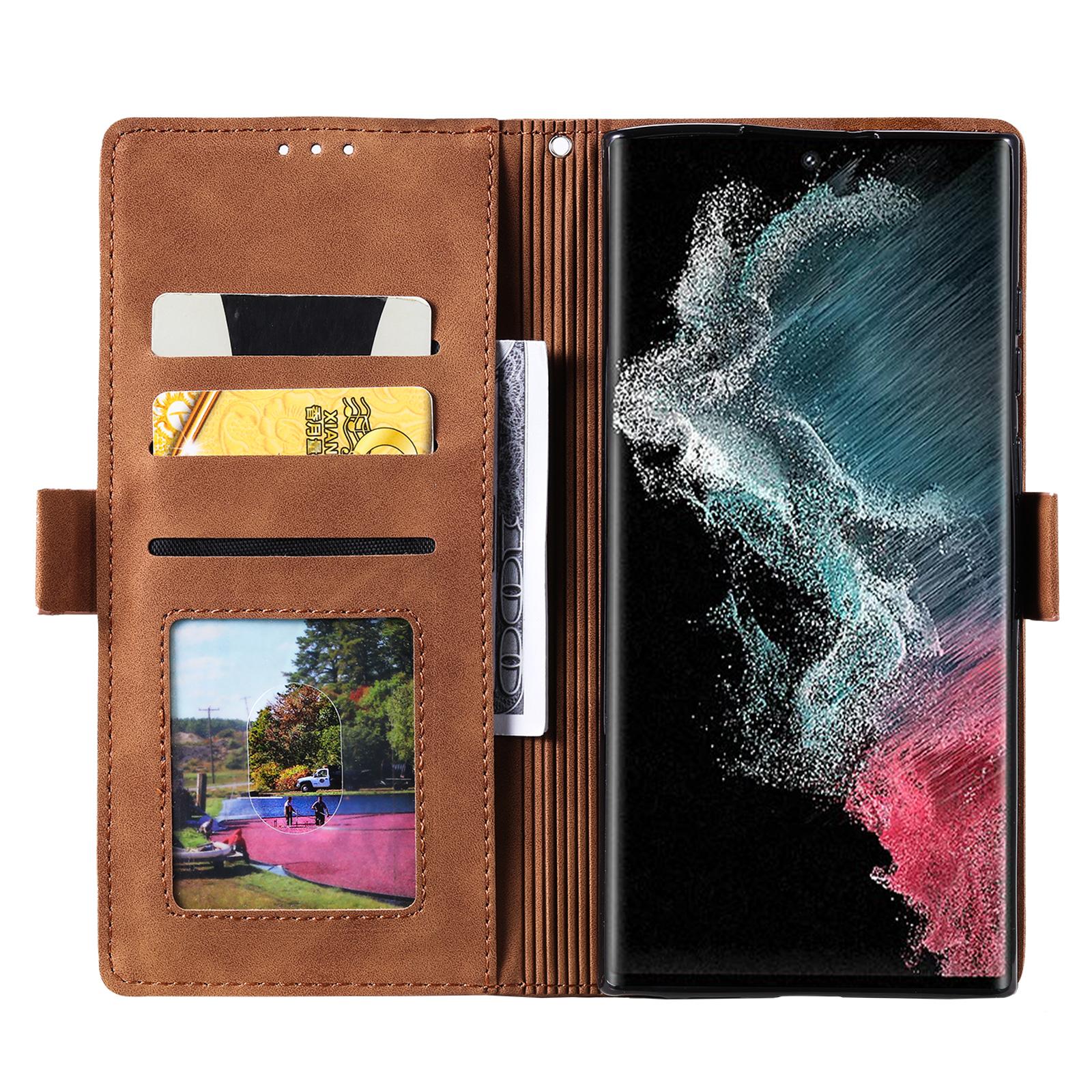 

For Samsung Galaxy S24 Ultra Leather Case Retro Splicing Phone Cover with Strap Blue