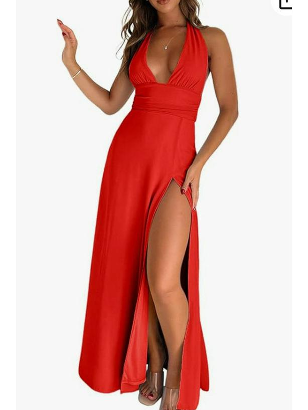 Jarní příchod: Elegantní evropské a americké dámské maxi šaty s halter výstřihem do V a rozparkem