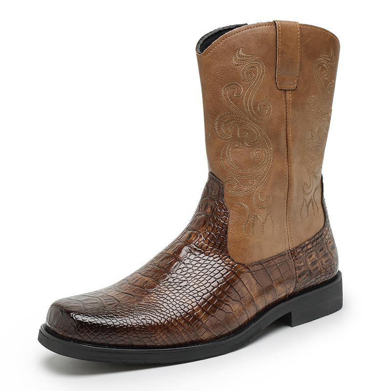 Western Cowboy Boots High Tube Embroidery Retro, Sleeve Men's and Women's Big Wide Head Western Cowboy Boots Large Size