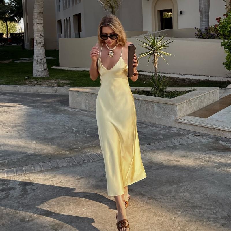 LYRIA Yellow Elegant Stain Women's Sling Dress Sexy Backless Sleeveless V Neck High Waist Evening Gown Summer Chic Lady Partywear 2025