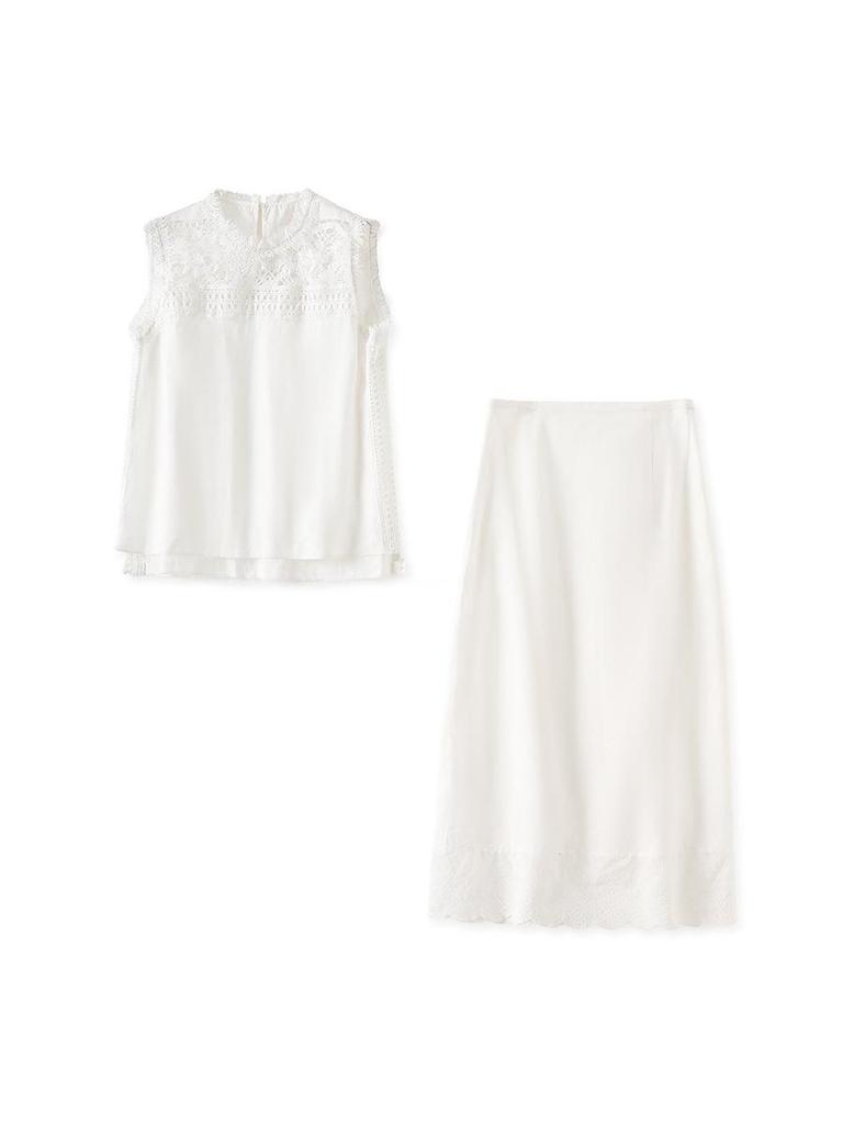 French Niche 100% Linen Lace T-Shirt Vest Top + Exquisite Midi Skirt Set