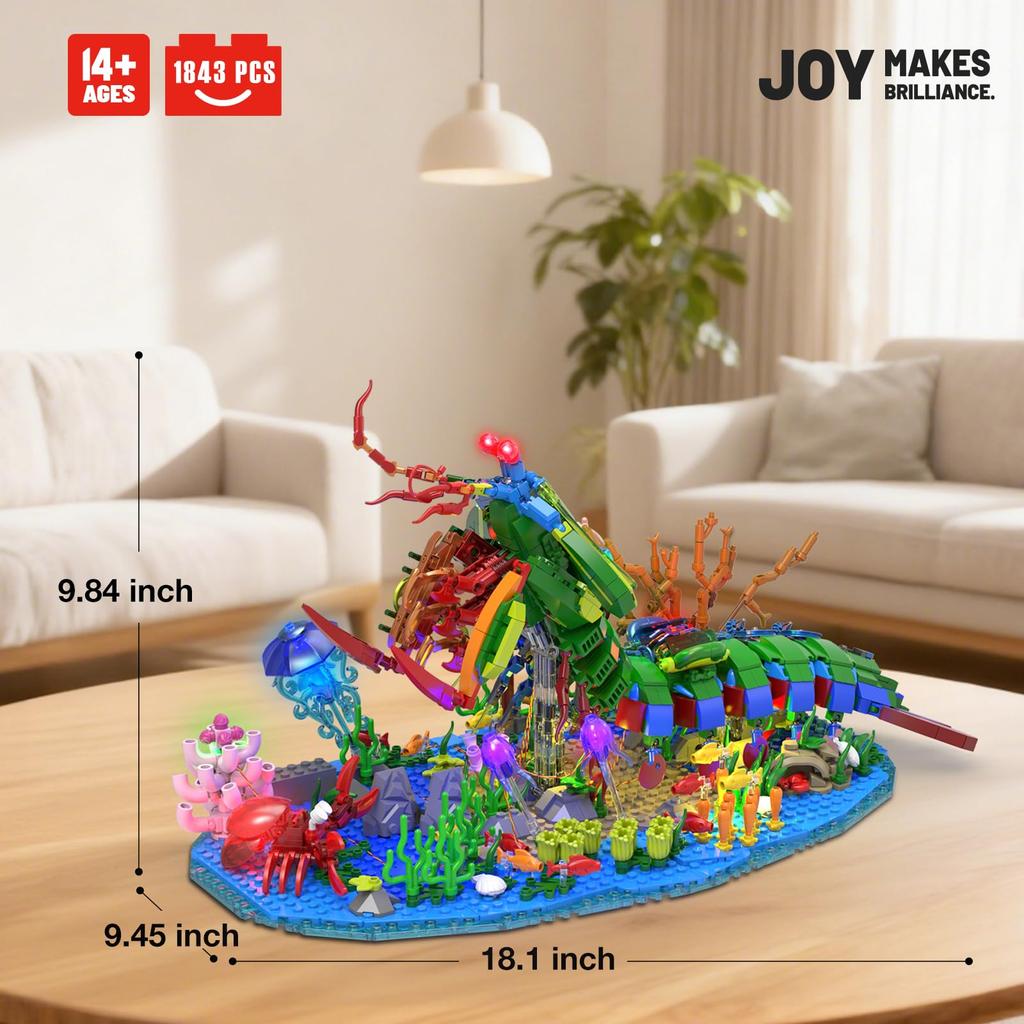 JMBricklayer Mechanic Mantis Shrimp Building Blocks Set with LED Lights, Marine Life 70013, Sea Animal Model with Jellyfish, Crab, and Coral Reef,
