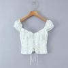 Elegant French Square Neck Floral Tie-Up Top - Women's Summer Slimming Waist-Cinching Shirt