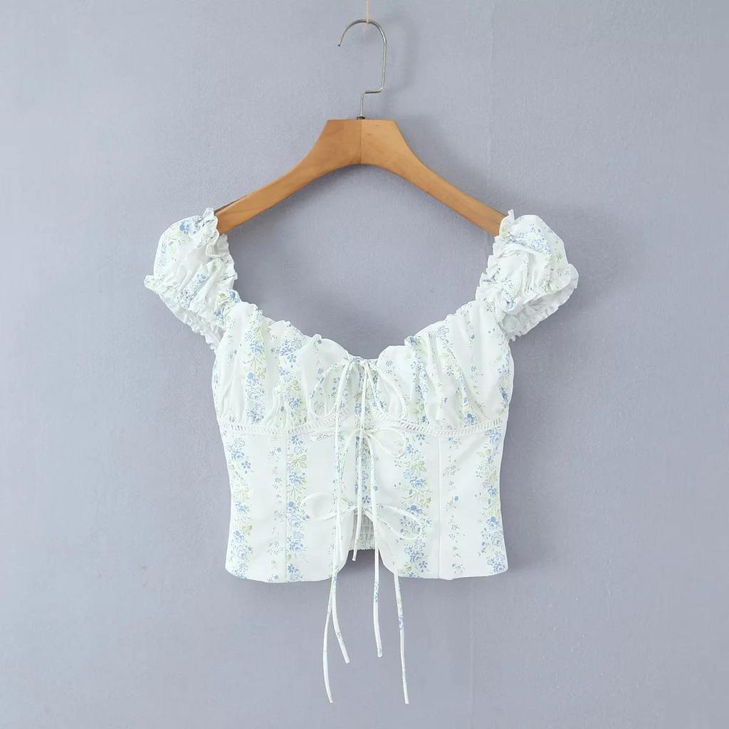 Elegant French Square Neck Floral Tie-Up Top - Women's Summer Slimming Waist-Cinching Shirt