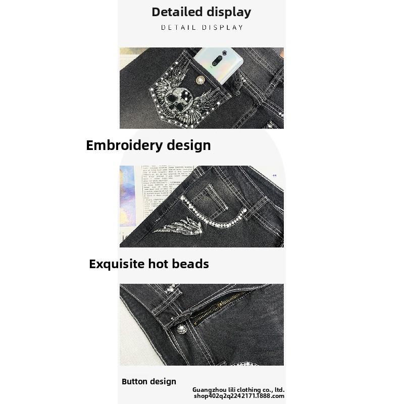 Damenjeans mit Streetstyle-Strasssteinen, dehnbar, schmal geschnitten, besticktes Totenkopf-Design, gerade Hosenbeine