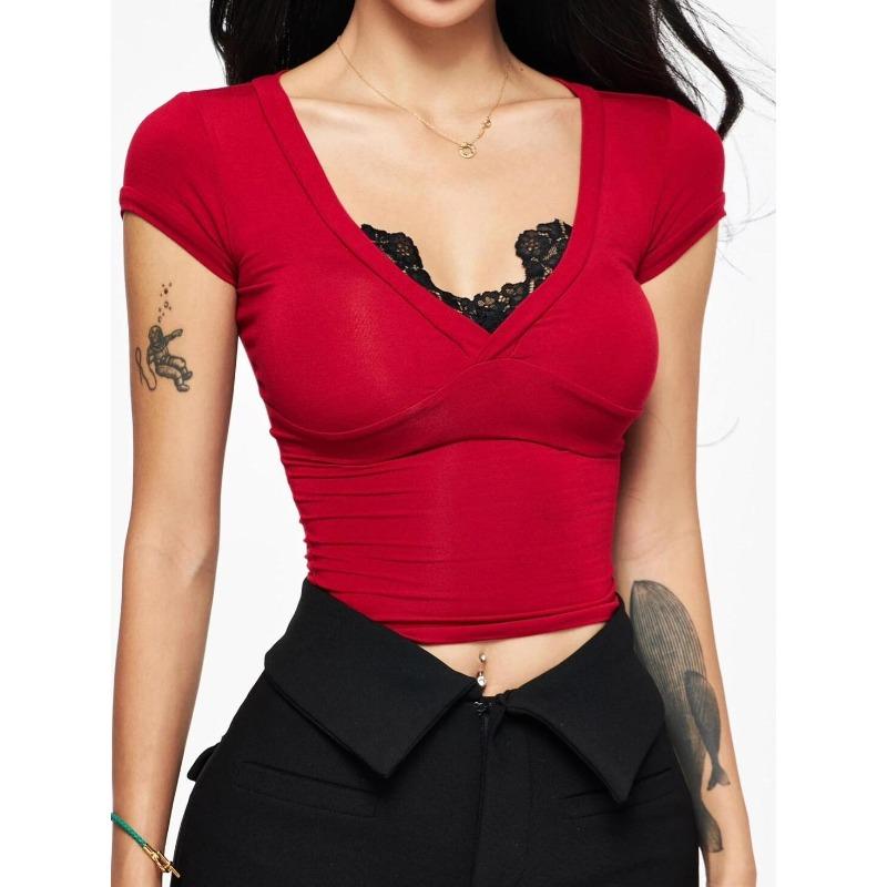 

Сексуальная горячая девушка V-образный вырез кружева сращивание короткий рукав футболка женский зрелый тонкий тонкий на плече топы летняя верхняя одежда уличная одежда L красный