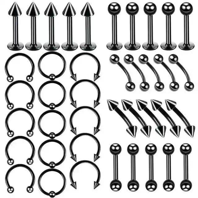 40-teiliges gemischtes Set: Edelstahl Lippen- und Augenbrauenstecker, Ohrringe, Nasenringe, mit runden Kugeln, Spitzen und Kegeln.
