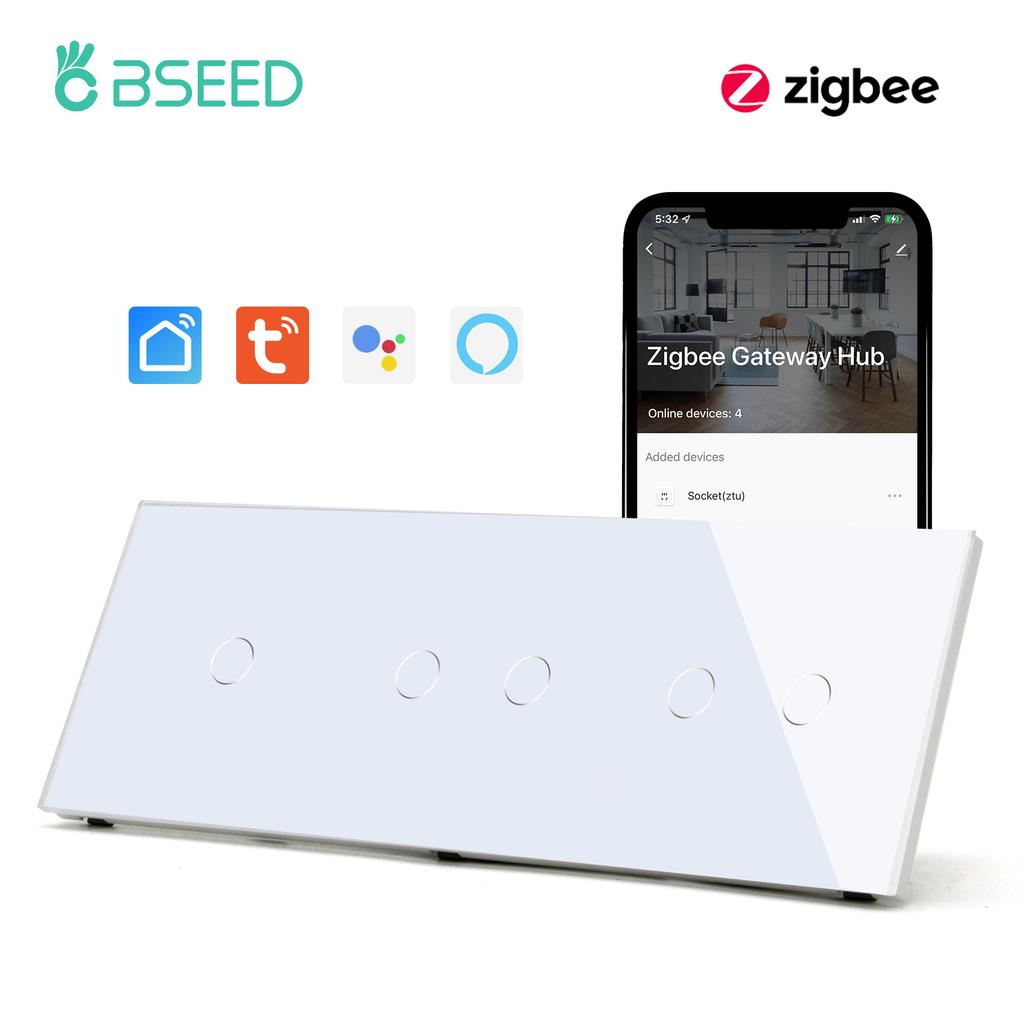 BSEED Zigbee 1/2/3Gang Touch Light Switches Tuya Smart Life App Control With Normal UK Standard Power Sockets 13A Glass Panel
