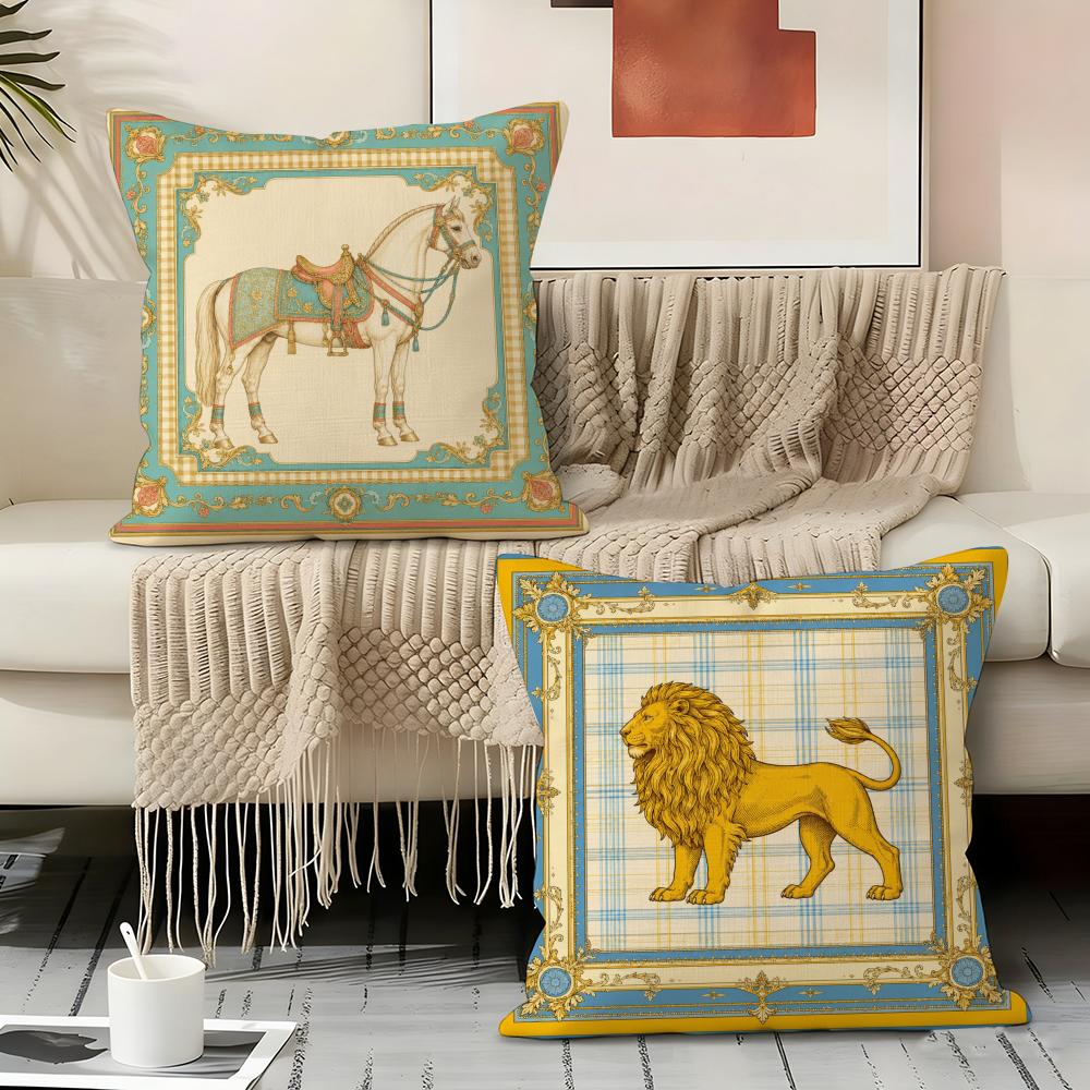 Luxury Vintage Horse Lion Cushion Cover Durable Hypoallergenic Organic Linen Pillow Cover Short Size Washable Skin-Friendly