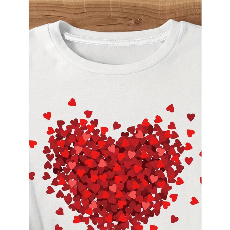 Heart Print Crew Neck T-Shirt, Casual Short Sleeve Top For Spring & Summer, Women's Clothing European Size