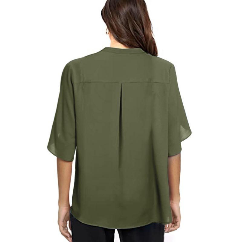 Summer New Women's Mid-sleeve Elegant Casual Solid Color V-neck Chiffon Shirt