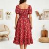 Women Square Neck Floral Print Short Sleeve Midi Dress with Ruffle Hem and Elastic Waist Casual Loose Fit Style