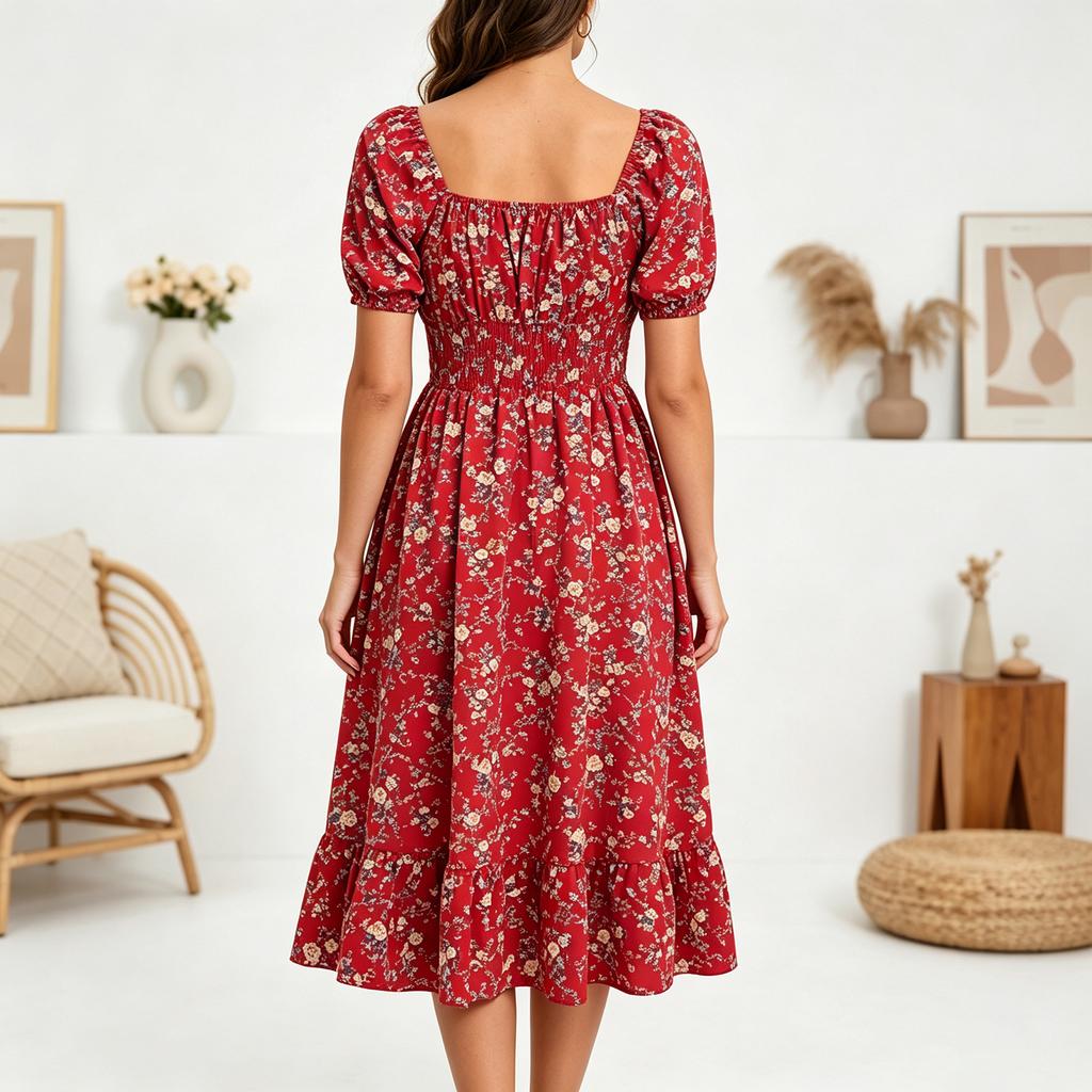 Women Square Neck Floral Print Short Sleeve Midi Dress with Ruffle Hem and Elastic Waist Casual Loose Fit Style