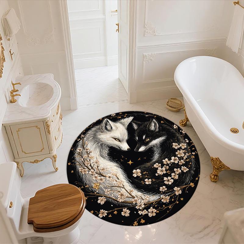 Wreath Flower Fox,Round Area Rug,Carpet Rug for Living Room Bedroom Sofa Playroom Decor,Non-slip Floor Mat
