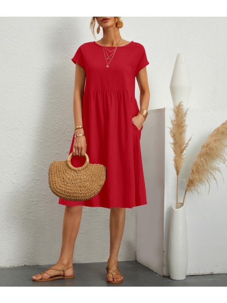 Cotton Linen Women s Plus Size A-line Skirt Round Neck Loose Dress Temperament Style Summer S